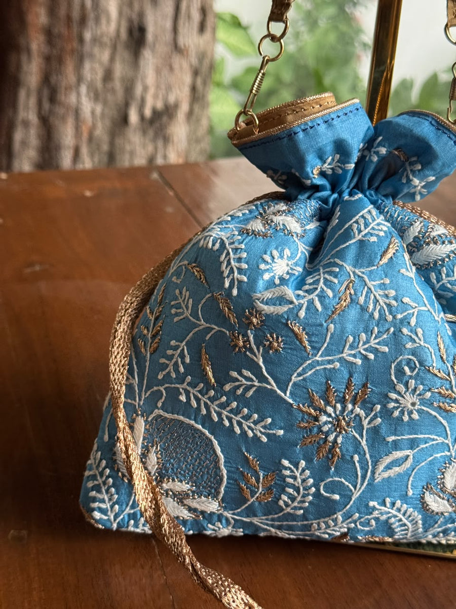 Blue Silk Chikankari Ari & Kasab Work Potli Bag