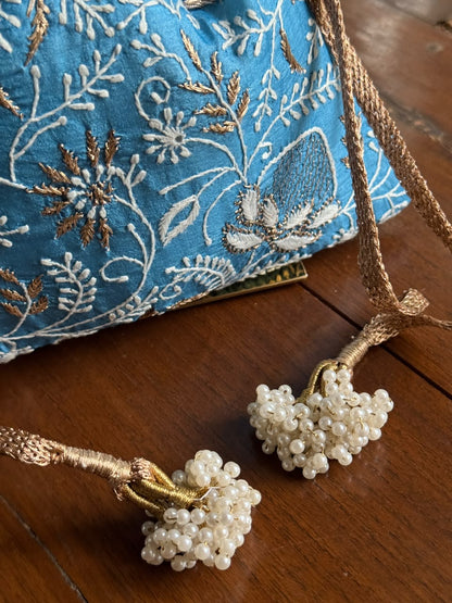 Blue Silk Chikankari Ari & Kasab Work Potli Bag