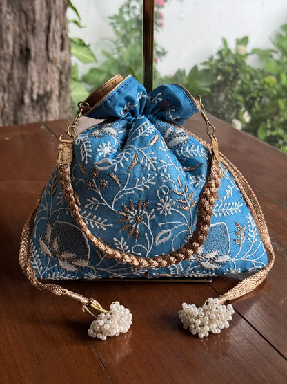 Blue Silk Chikankari Ari & Kasab Work Potli Bag