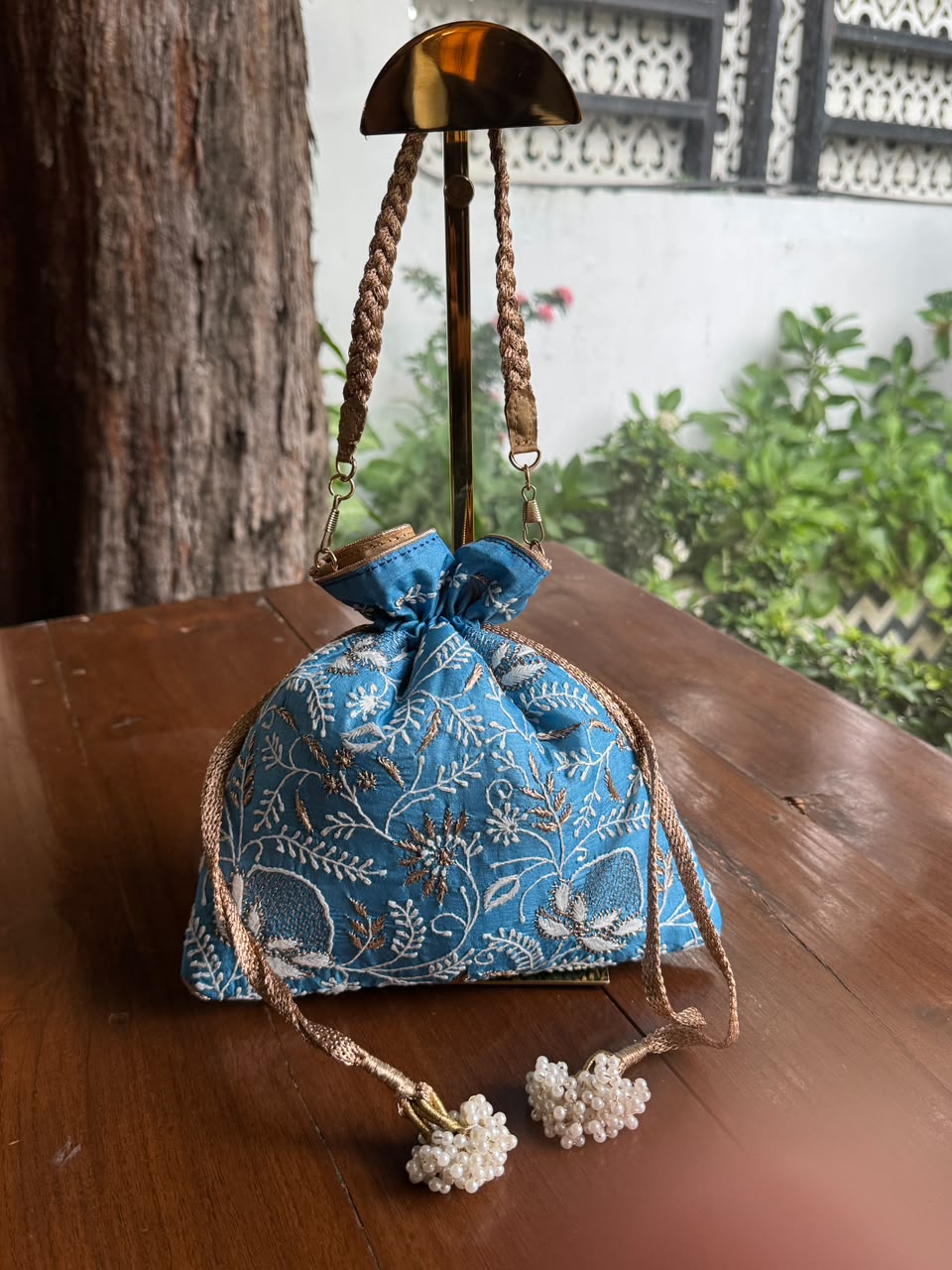 Blue Silk Chikankari Ari & Kasab Work Potli Bag