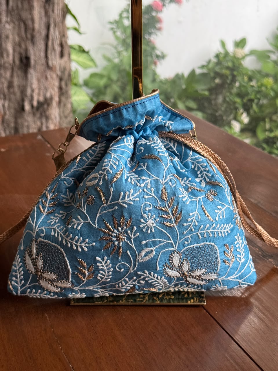 Blue Silk Chikankari Ari & Kasab Work Potli Bag