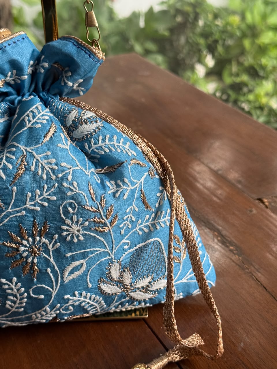 Blue Silk Chikankari Ari & Kasab Work Potli Bag