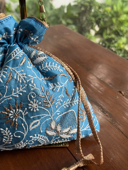 Blue Silk Chikankari Ari & Kasab Work Potli Bag