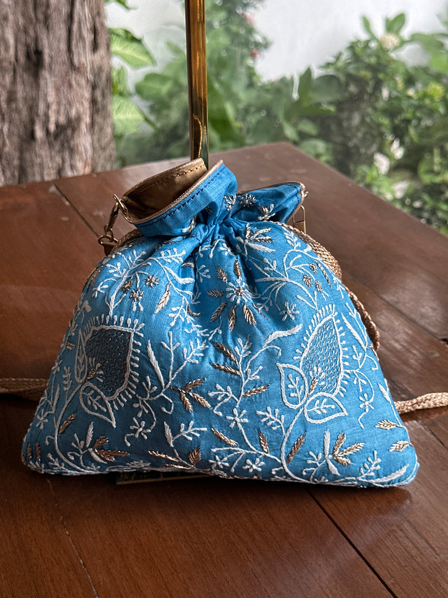 Blue Tussar Silk Chikankari Ari & Kasab Work Potli Bag