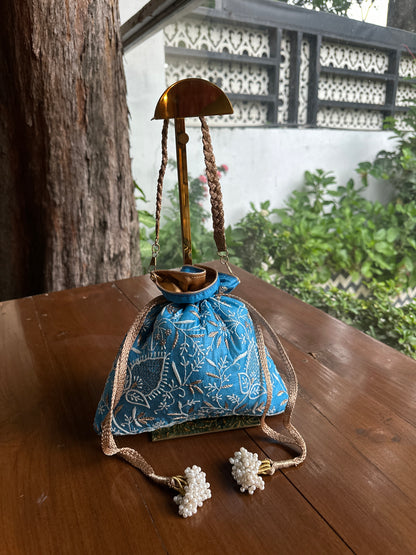 Blue Tussar Silk Chikankari Ari & Kasab Work Potli Bag