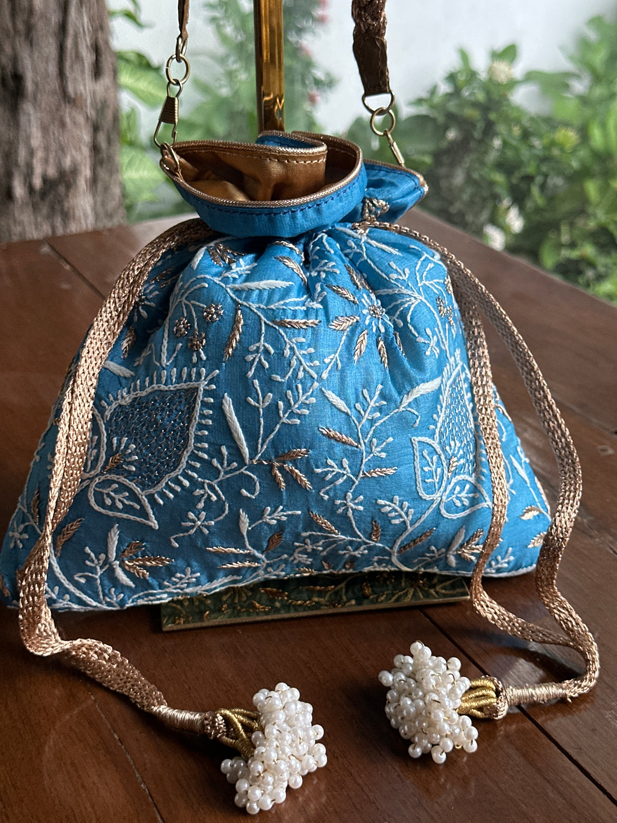 Blue Tussar Silk Chikankari Ari & Kasab Work Potli Bag