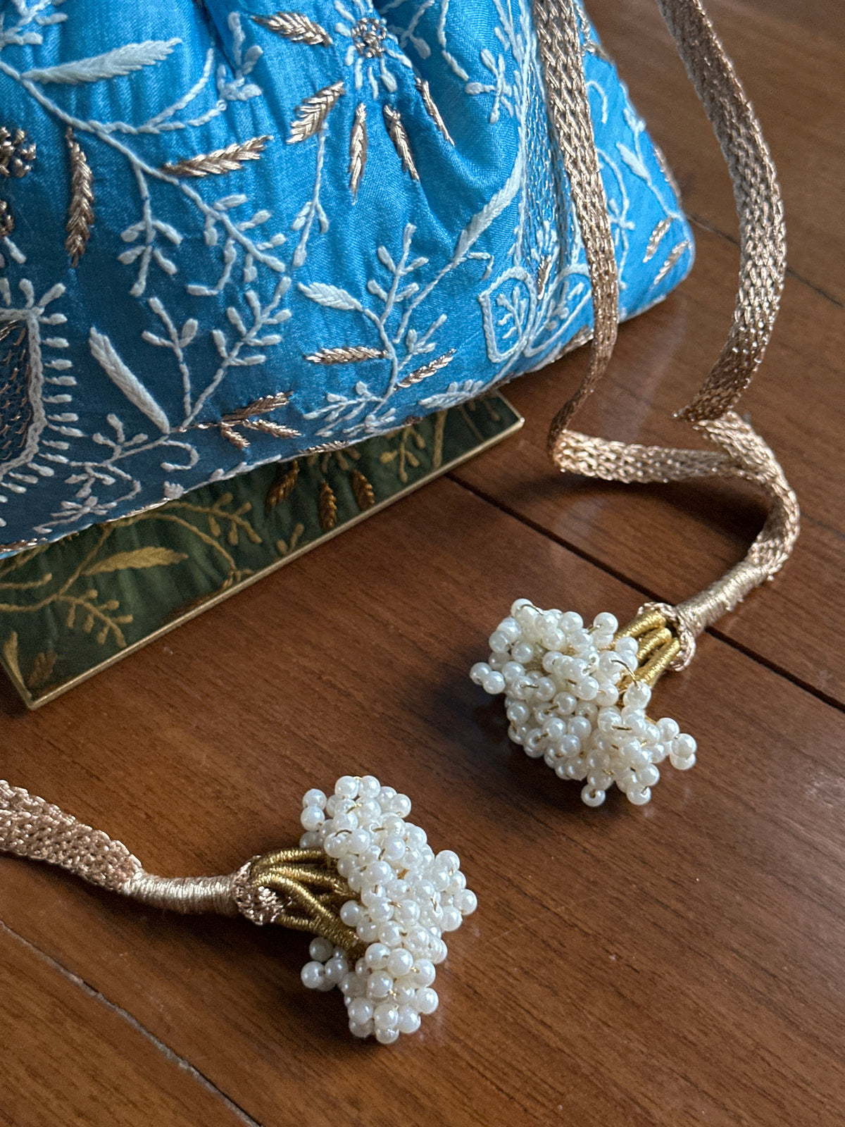 Blue Tussar Silk Chikankari Ari & Kasab Work Potli Bag