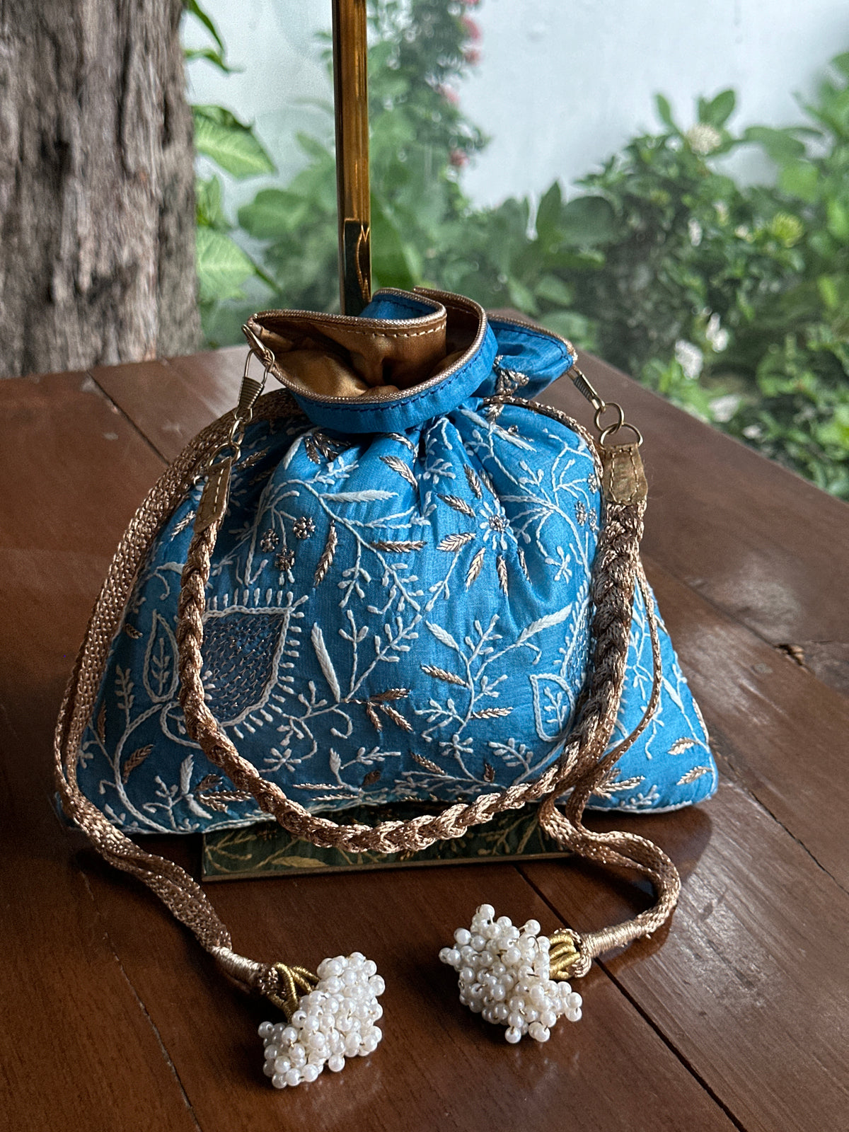 Blue Tussar Silk Chikankari Ari & Kasab Work Potli Bag