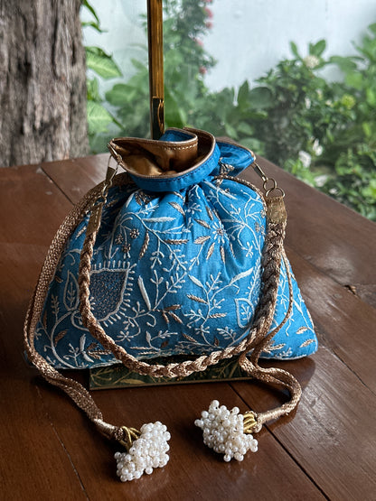 Blue Tussar Silk Chikankari Ari & Kasab Work Potli Bag