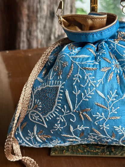 Blue Tussar Silk Chikankari Ari & Kasab Work Potli Bag
