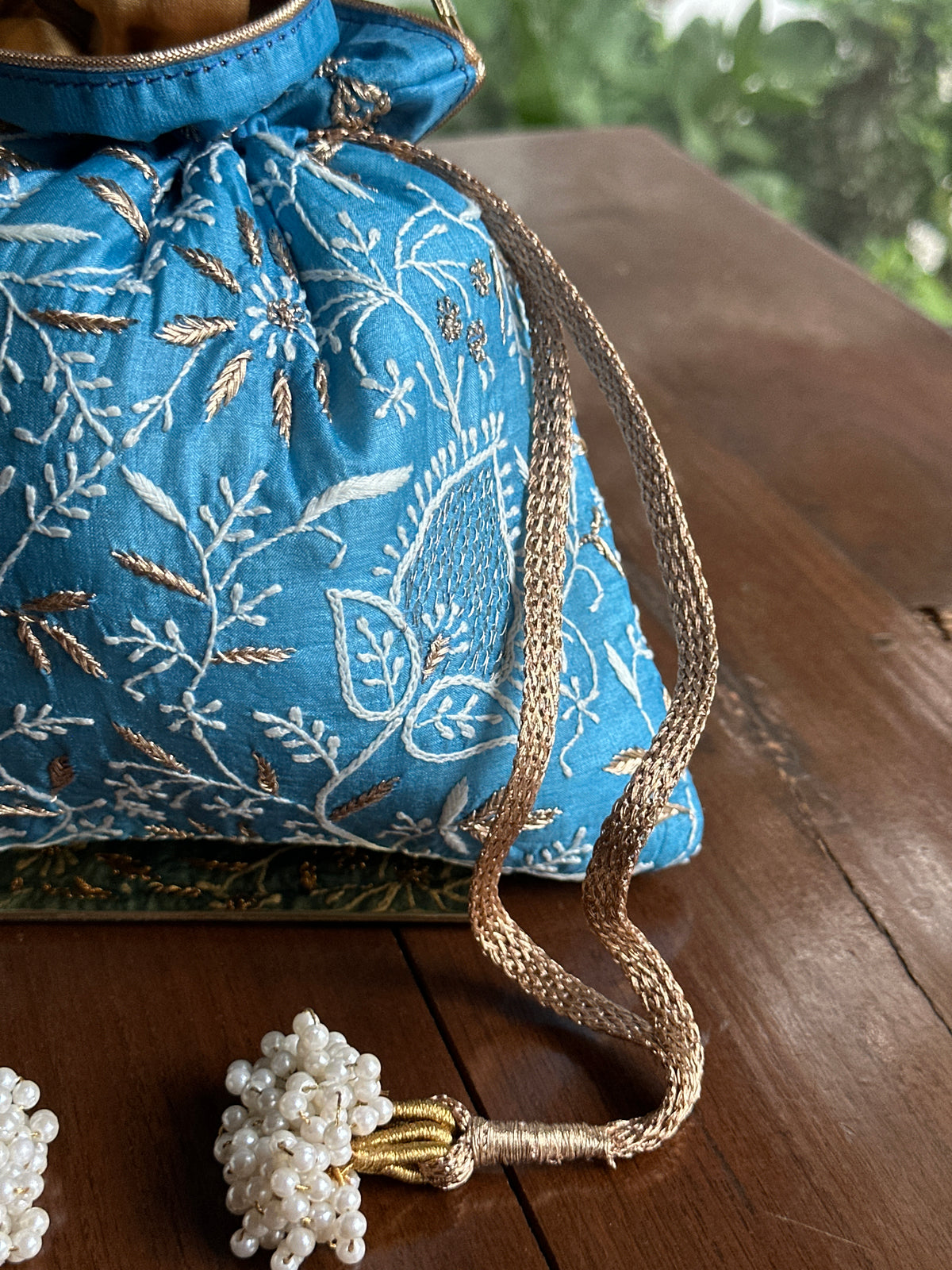 Blue Tussar Silk Chikankari Ari & Kasab Work Potli Bag