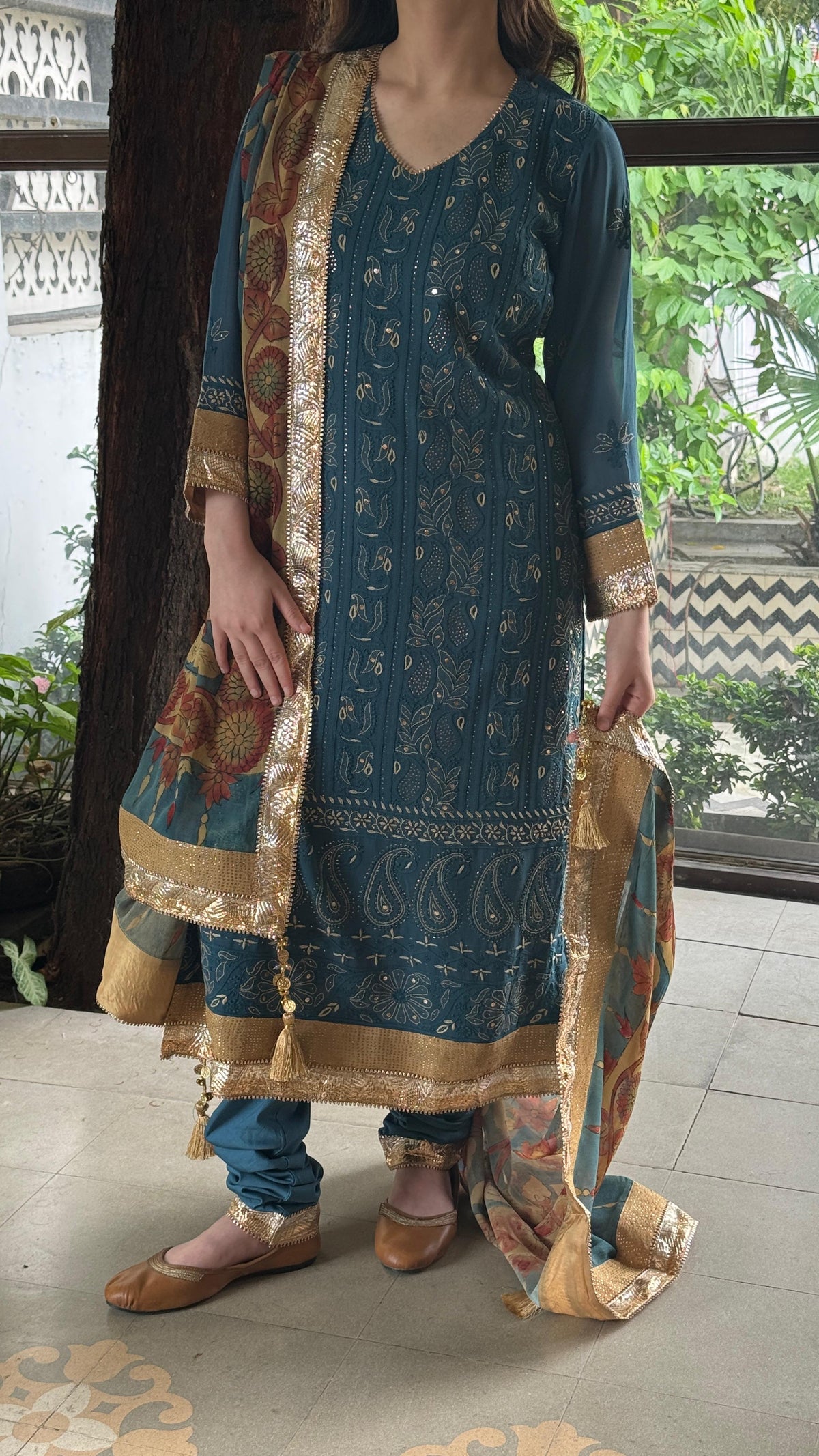 Blue Yellow Chikankari Pure Georgette Churidar Set with Kalamkari Dupatta