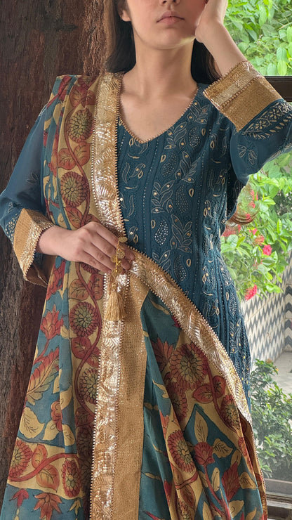 Blue Yellow Chikankari Pure Georgette Churidar Set with Kalamkari Dupatta