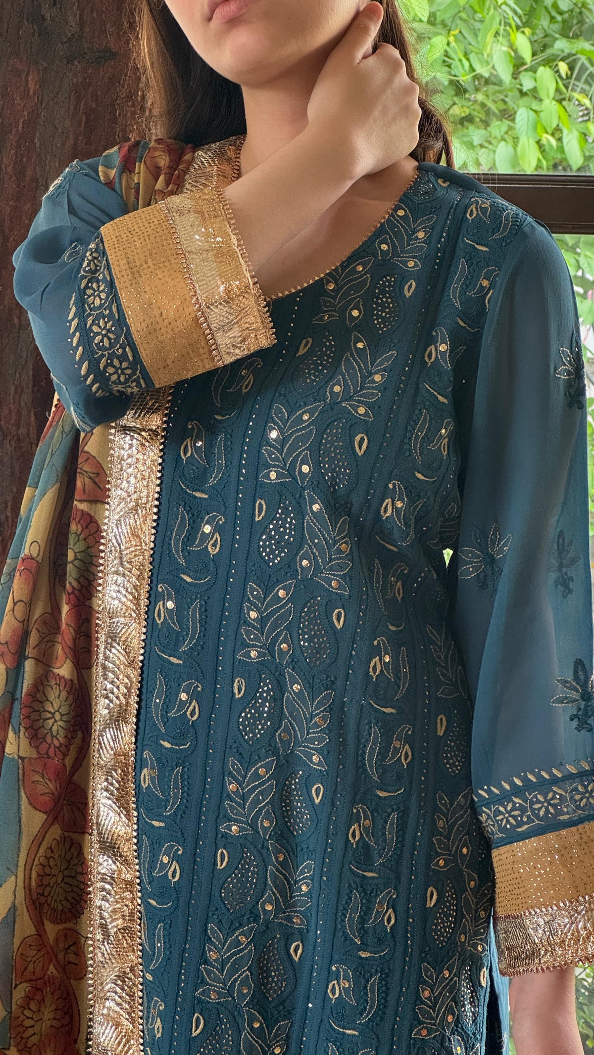 Blue Yellow Chikankari Pure Georgette Churidar Set with Kalamkari Dupatta