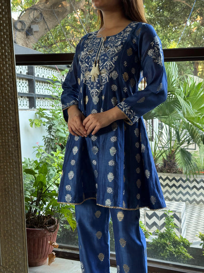Blue Zari Chanderi Chikankari Co-Ord Set