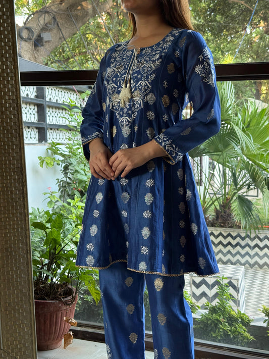 Blue Zari Chanderi Chikankari Co-Ord Set