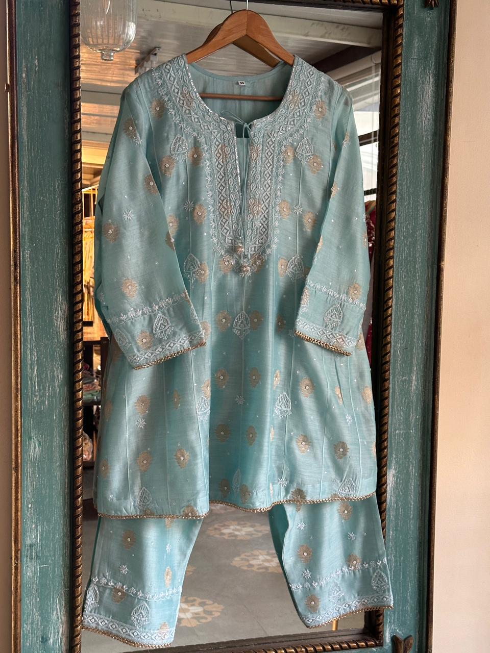 Blue Zari Chanderi Chikankari Co-Ord Set