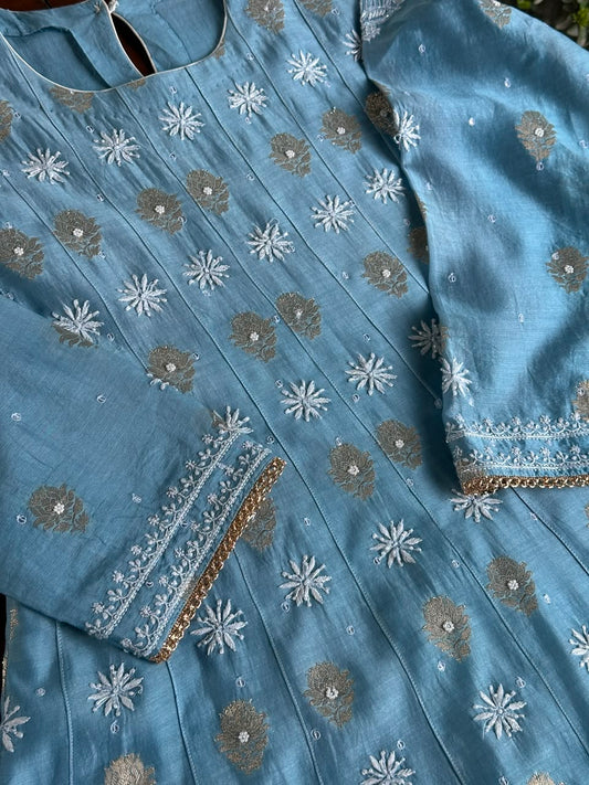 Blue Zari Chanderi Chikankari Co-Ord Set