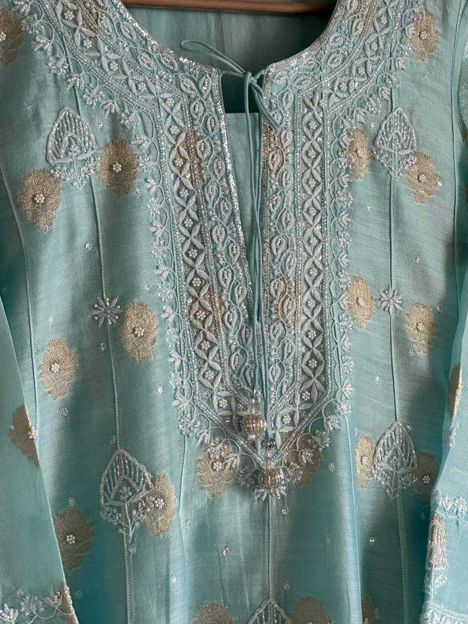 Blue Zari Chanderi Chikankari Co-Ord Set