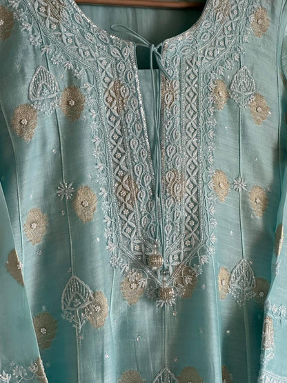 Blue Zari Chanderi Chikankari Co-Ord Set
