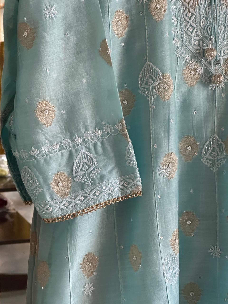 Blue Zari Chanderi Chikankari Co-Ord Set