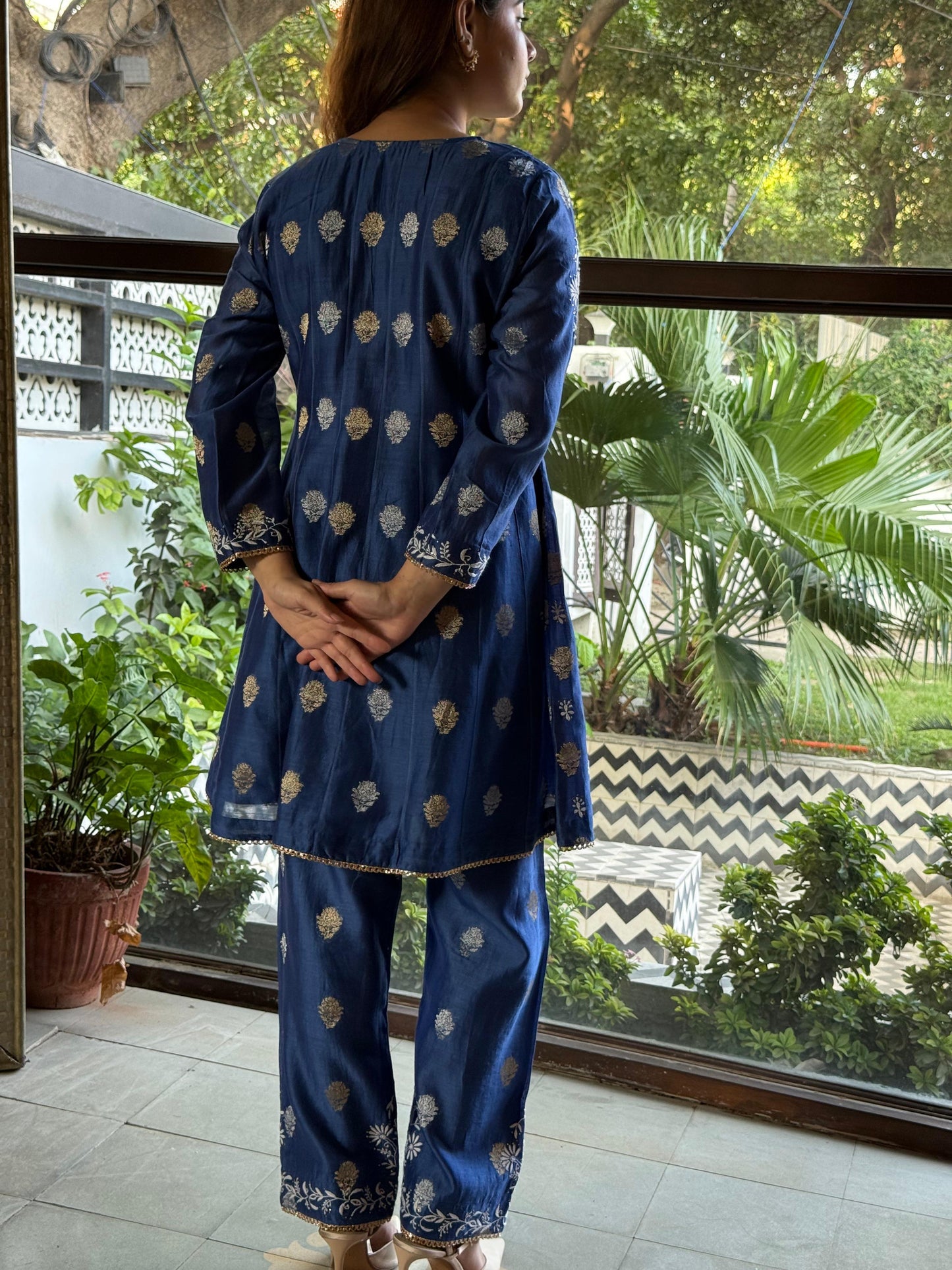 Blue Zari Chanderi Chikankari Co-Ord Set