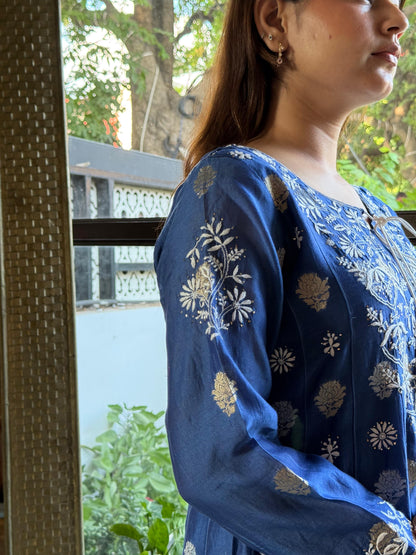 Blue Zari Chanderi Chikankari Co-Ord Set