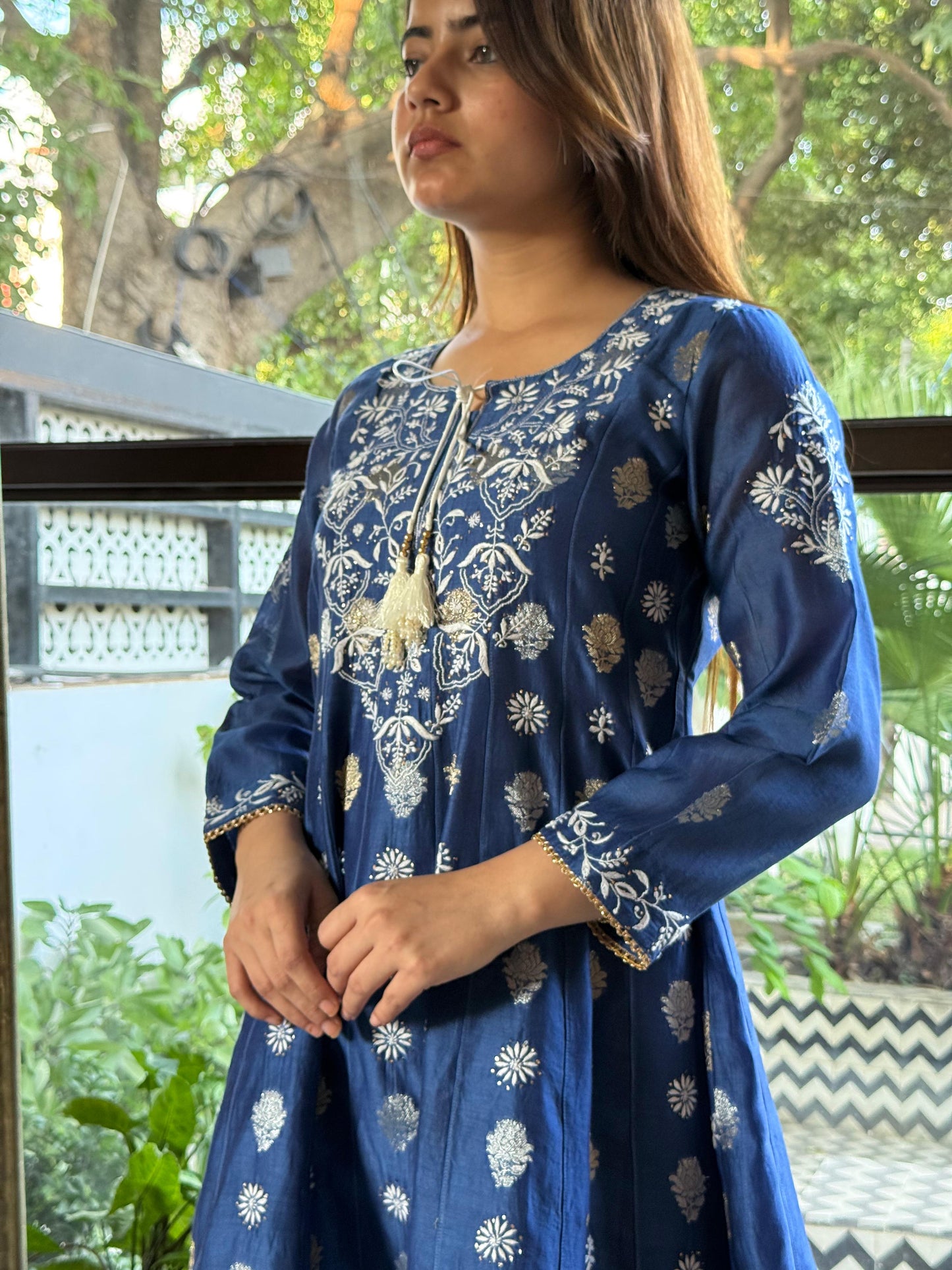 Blue Zari Chanderi Chikankari Co-Ord Set