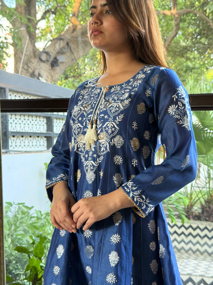Blue Zari Chanderi Chikankari Co-Ord Set