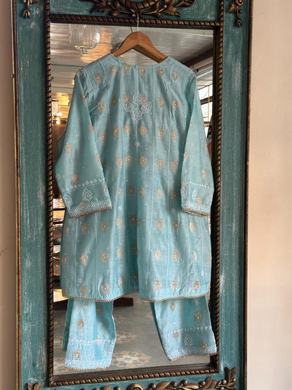 Blue Zari Chanderi Chikankari Co-Ord Set