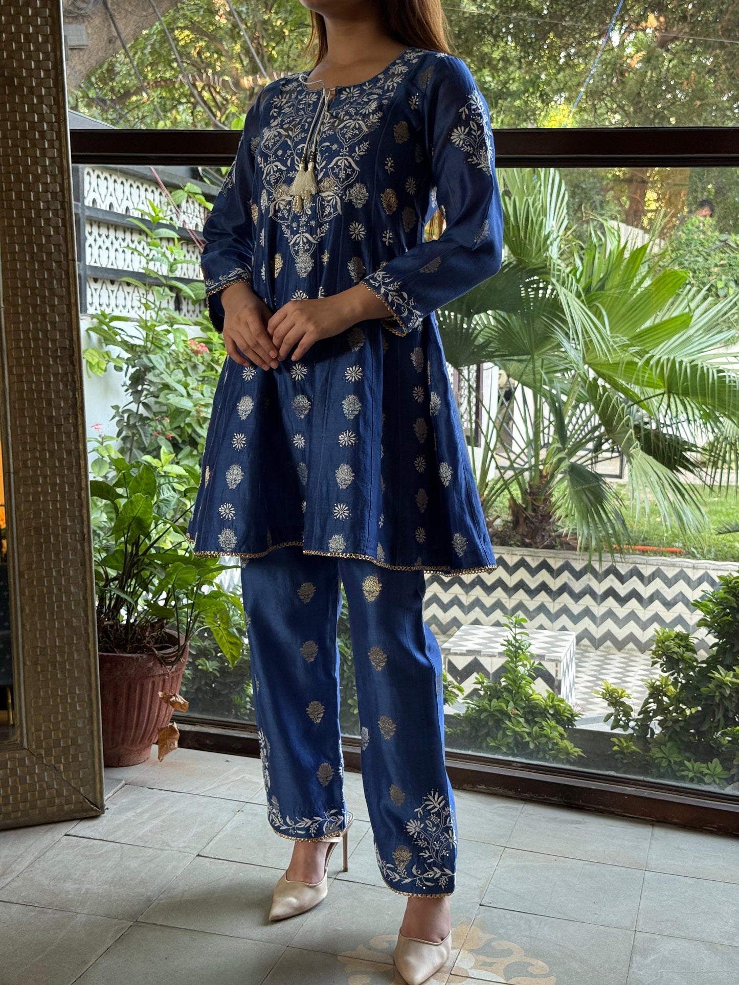 Blue Zari Chanderi Chikankari Co-Ord Set