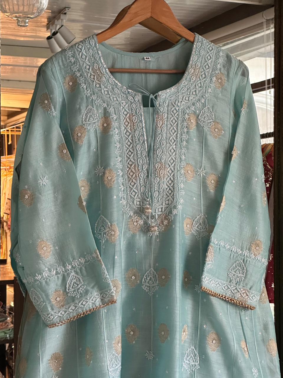 Blue Zari Chanderi Chikankari Co-Ord Set