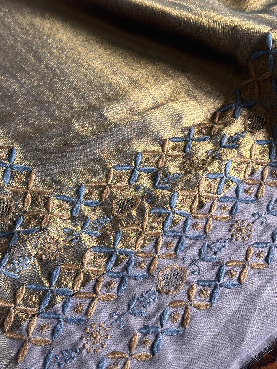 Blue & Golden Shade Saman Tissue Silk Fine Chikankari Shawl