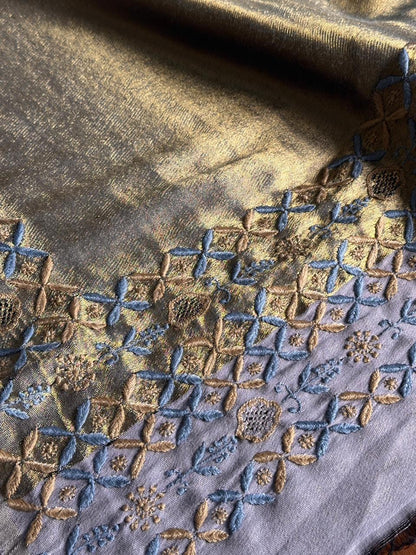 Blue & Golden Shade Saman Tissue Silk Fine Chikankari Shawl