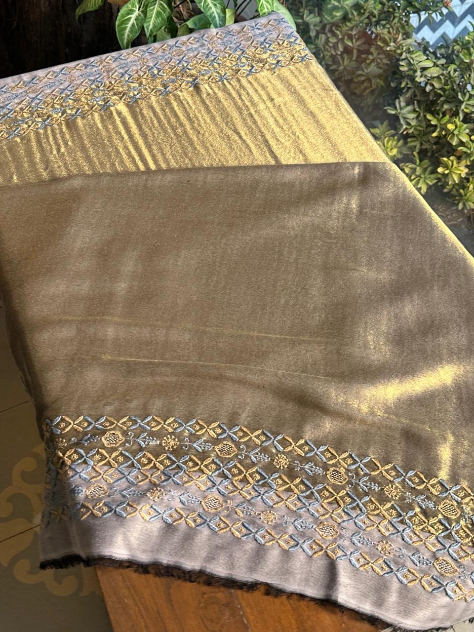 Blue & Golden Shade Saman Tissue Silk Fine Chikankari Shawl