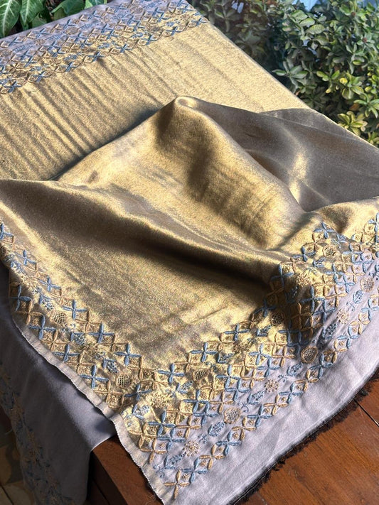 Blue & Golden Shade Saman Tissue Silk Fine Chikankari Shawl