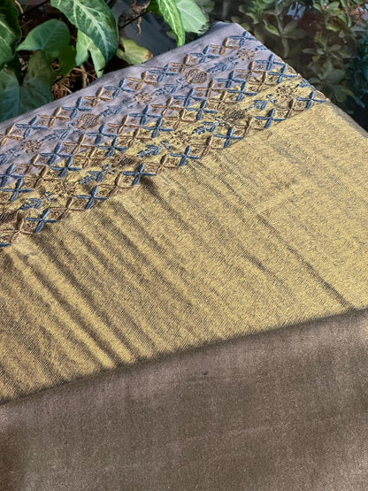 Blue & Golden Shade Saman Tissue Silk Fine Chikankari Shawl