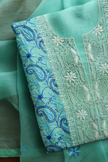 Blue Noor Organza Silk Chikankari With Kamdani Fabric
