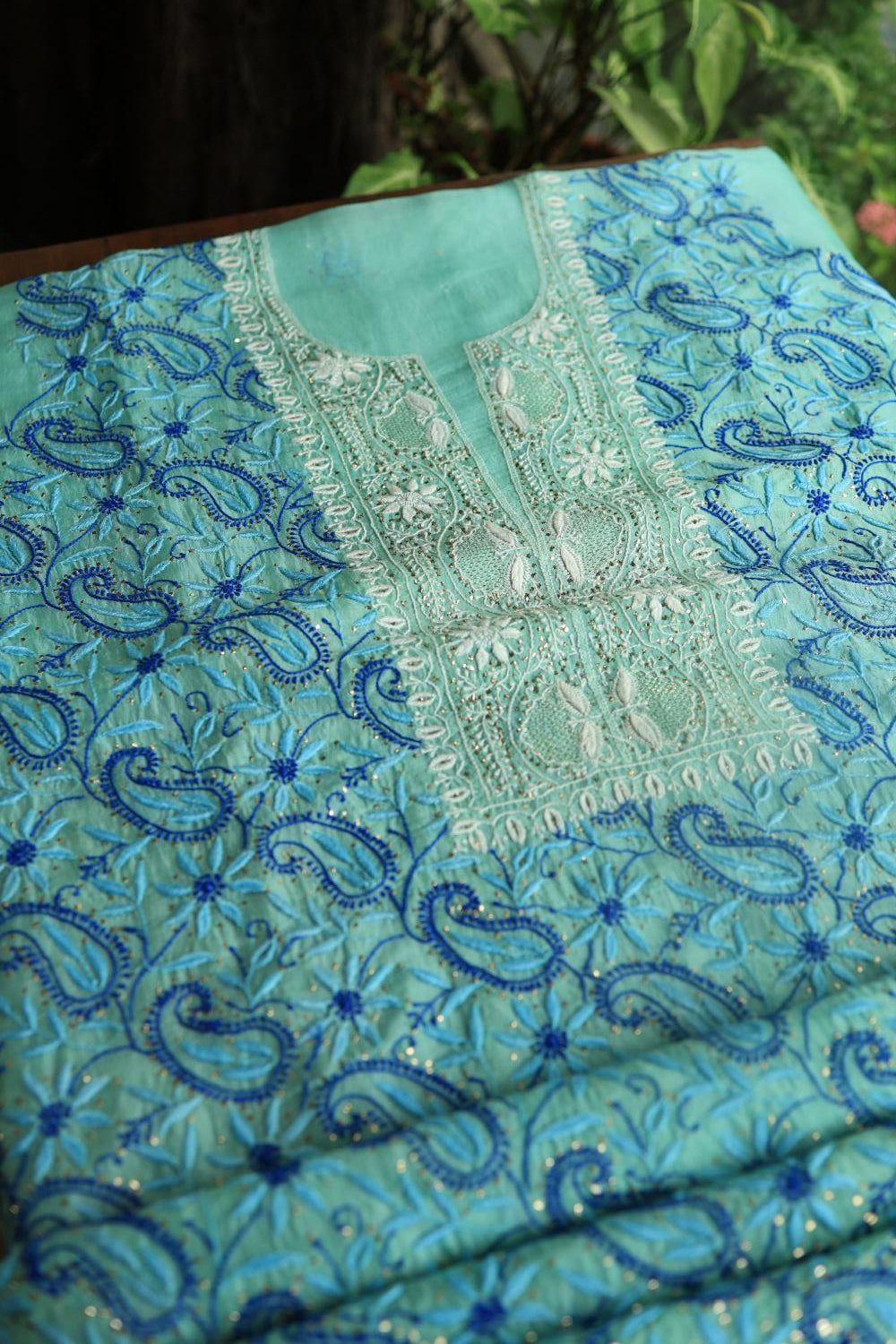 Blue Noor Organza Silk Chikankari With Kamdani Fabric