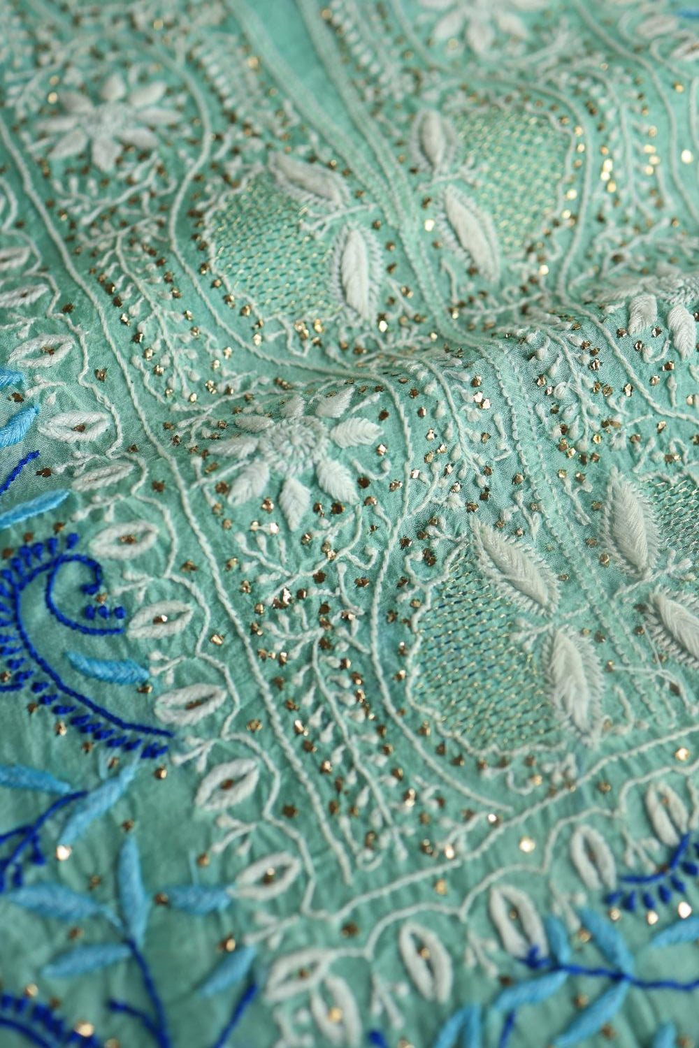 Blue Noor Organza Silk Chikankari With Kamdani Fabric