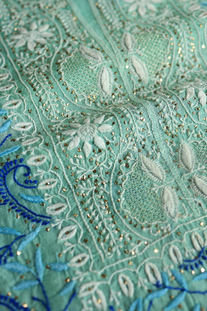 Blue Noor Organza Silk Chikankari With Kamdani Fabric