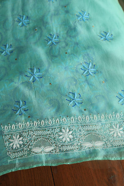 Blue Noor Organza Silk Chikankari With Kamdani Fabric