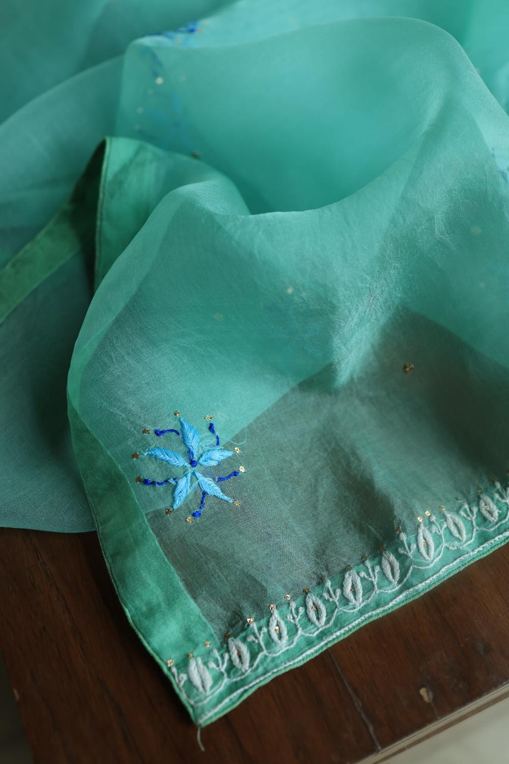 Blue Noor Organza Silk Chikankari With Kamdani Fabric