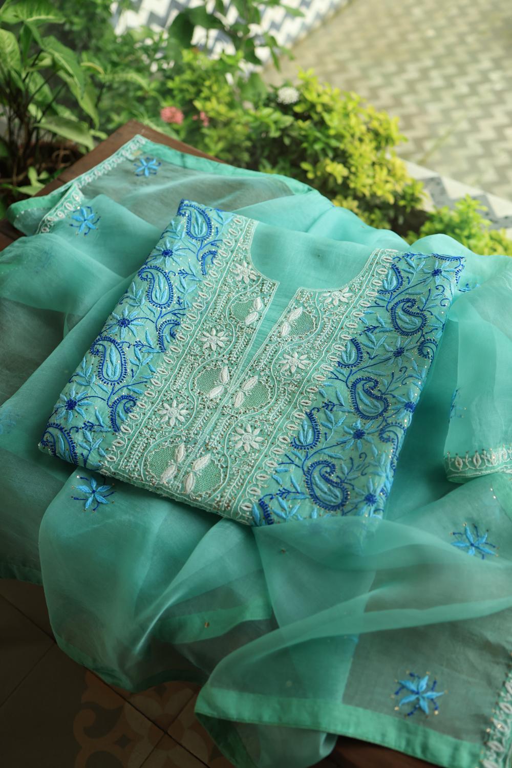 Blue Noor Organza Silk Chikankari With Kamdani Fabric