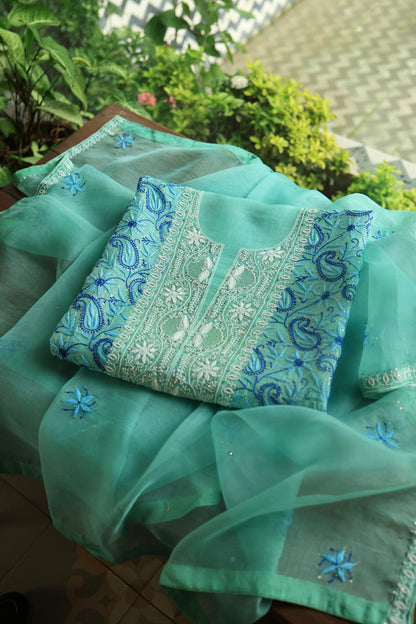 Blue Noor Organza Silk Chikankari With Kamdani Fabric