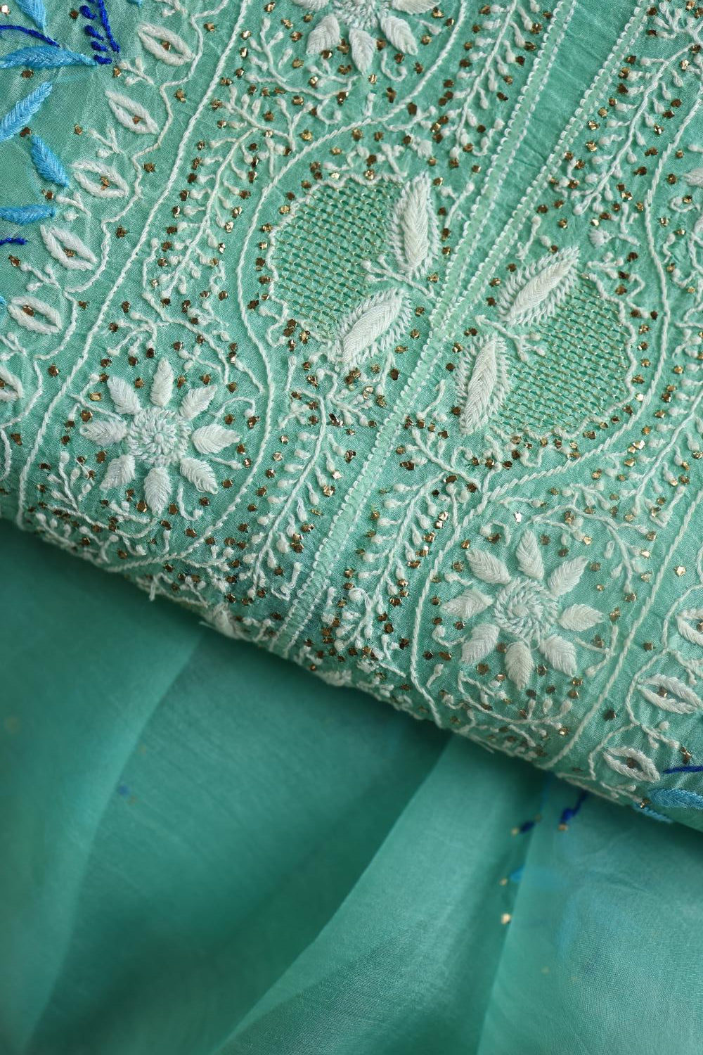 Blue Noor Organza Silk Chikankari With Kamdani Fabric