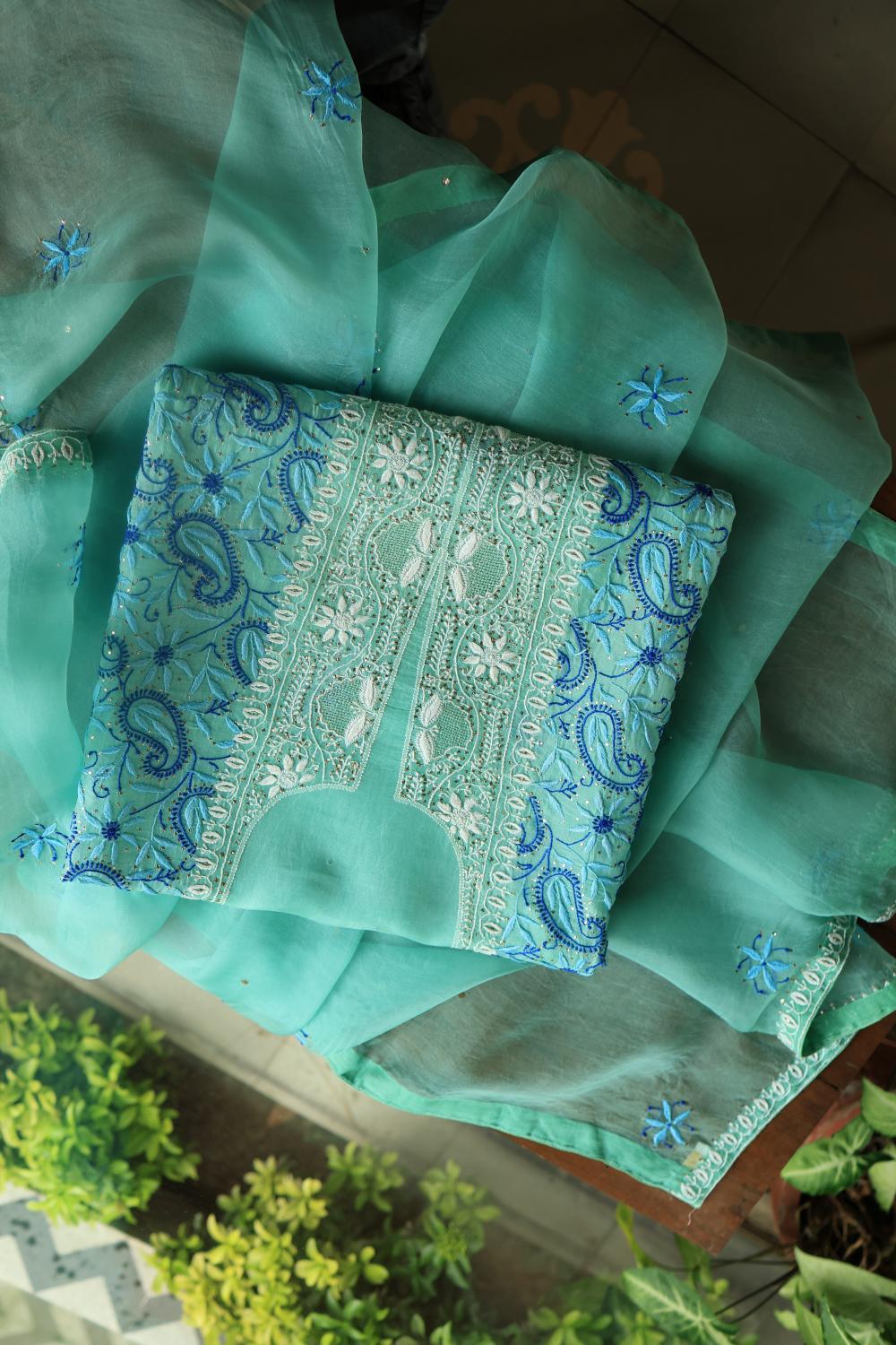 Blue Noor Organza Silk Chikankari With Kamdani Fabric