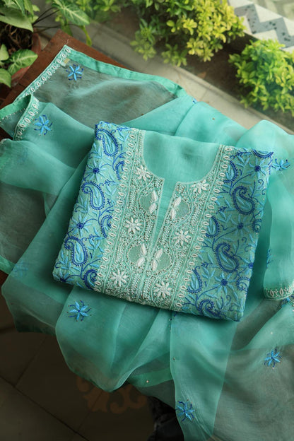 Blue Noor Organza Silk Chikankari With Kamdani Fabric