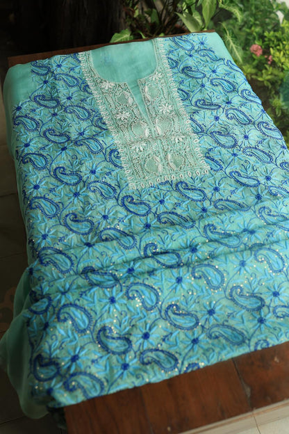 Blue Noor Organza Silk Chikankari With Kamdani Fabric