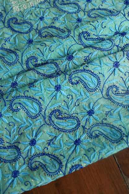 Blue Noor Organza Silk Chikankari With Kamdani Fabric